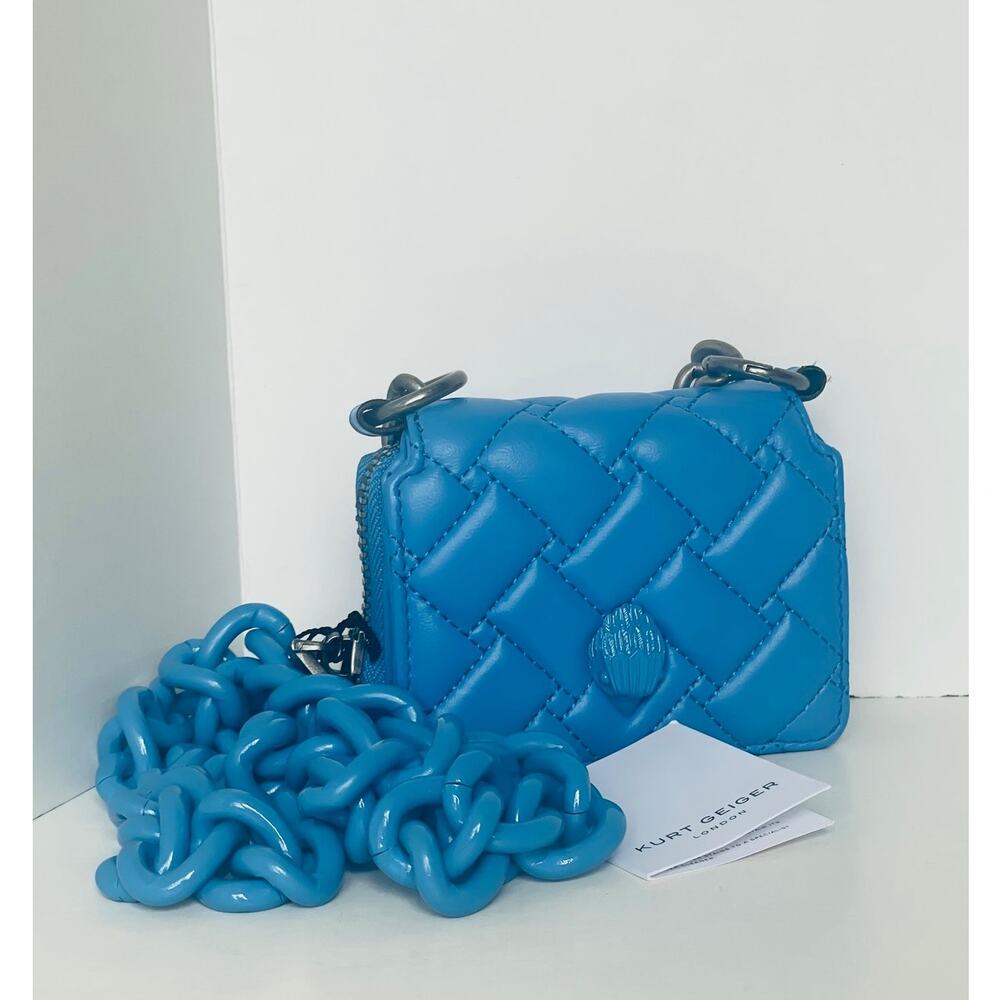 Kurt Geiger Small Flap Wallet Chunky Chain Crossbody Blue Leather